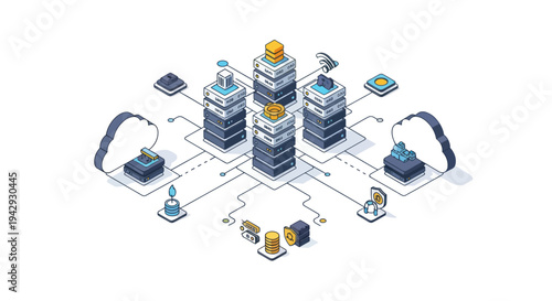 Isometric Data Center Network with Cloud Computing and Server Infrastructure.