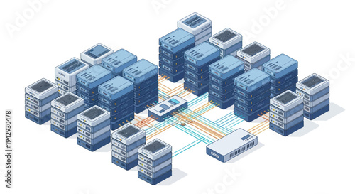Isometric Data Center Network Infrastructure with Servers and Connections.