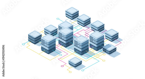 Isometric Data Center Network with Server Stacks and Circuitry.