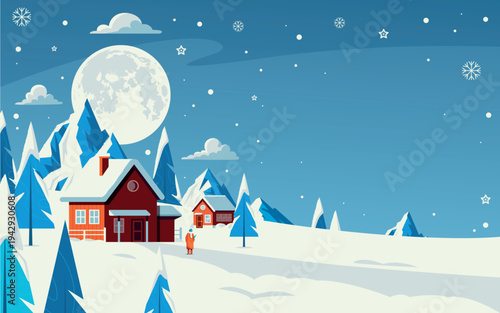 Snowy Winter Landscape Background with Cabin Mountains and Moon
