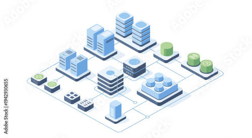 Isometric illustration of a modern data center network with various server racks and storage units.