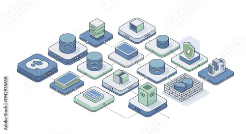 Isometric icons representing cloud computing data storage and network infrastructure.