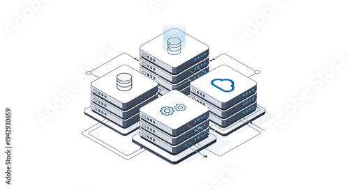 Isometric illustration of data servers and cloud computing infrastructure.