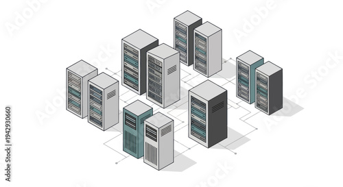 Isometric illustration of multiple server racks forming a data center network.