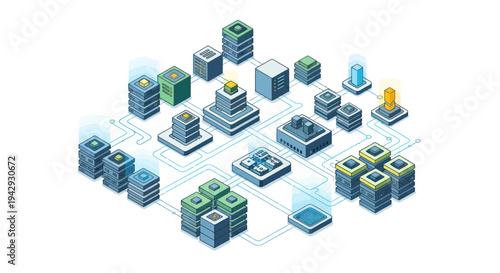 Isometric illustration of a complex network of interconnected data centers and server racks.