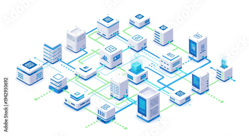Isometric Network Infrastructure with Connected Servers and Data Centers.