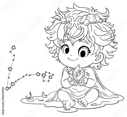 Cute Pisces Zodiac Sign holding magical two fish black and white cartoon-style coloring illustration