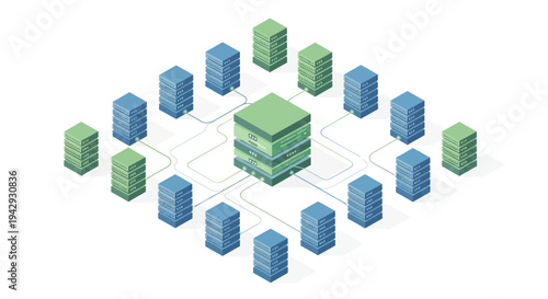 Isometric Server Network Diagram Illustrating Data Flow and Connectivity.