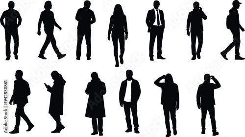 Standing and walking people silhouettes, twelve unique poses, casual and business attire, vector illustration of human postures, movement artwork, fashion design concept