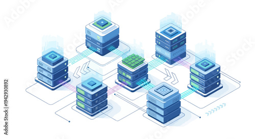 Isometric Server Racks and Data Storage Units in a Network.