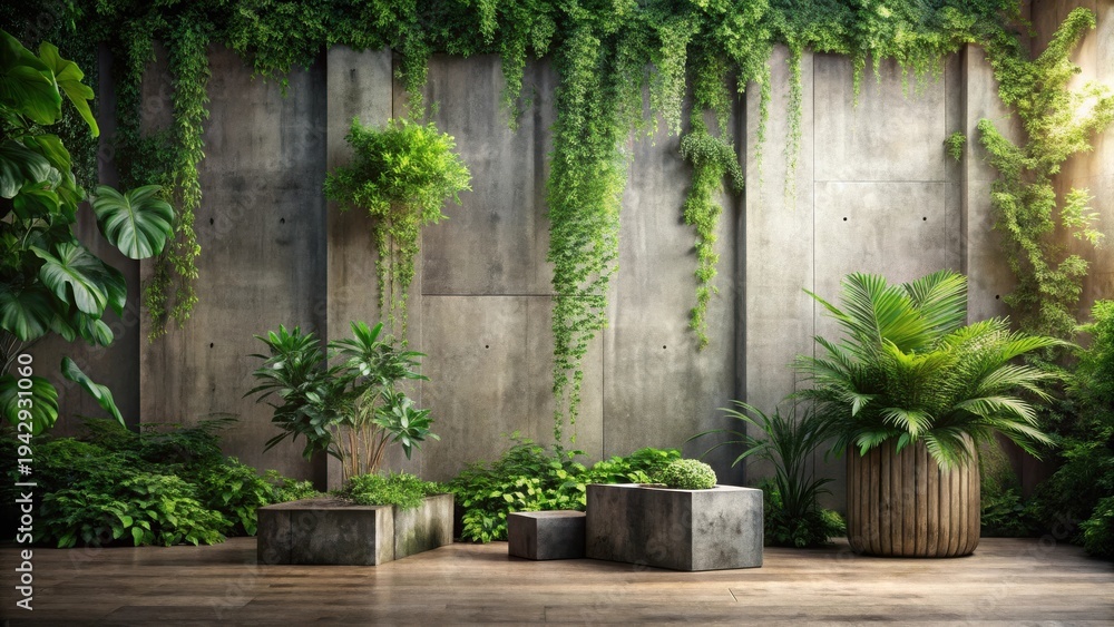 Fototapeta premium Serene Indoor Oasis Lush Greenery Against a Textured Concrete Wall, Featuring Varied Foliage in Stone Planters and a Peaceful Atmosphere