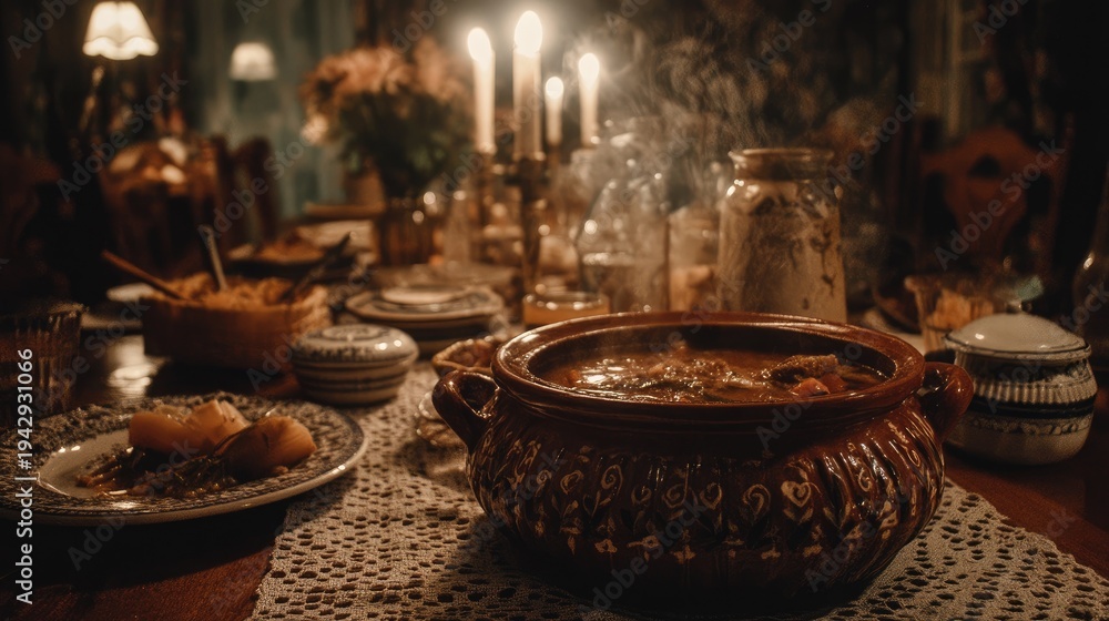 Fototapeta premium Warm and Cozy Dinner Table with Traditional Pot, Candles, Delicious Food, and Vintage Decor Create an Inviting Atmosphere for Family Gathering