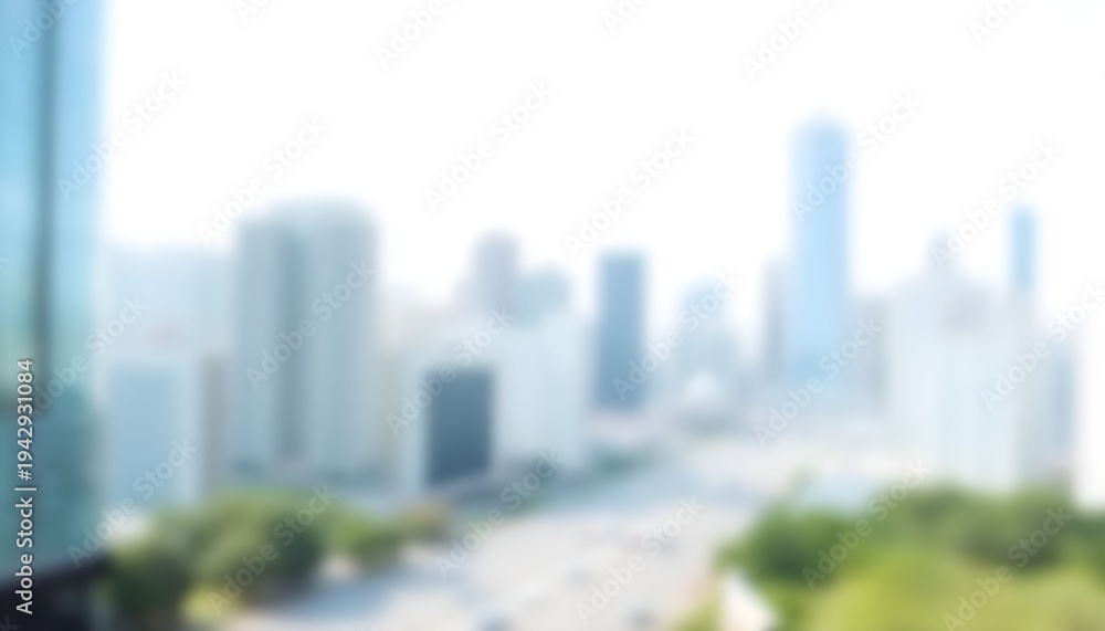 Fototapeta premium Blurred cityscape with skyscrapers and greenery in foreground showing urban landscape