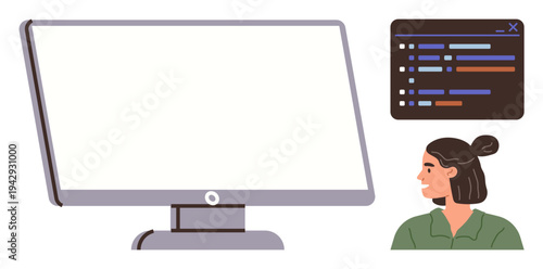 Software development, coding education, programming tutorials, interface design, tech training, creative coding. A woman looks at a blank monitor with code snippets in view. Coding education