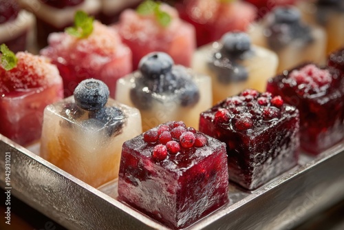 Frozen mini desserts in grid on metal tray