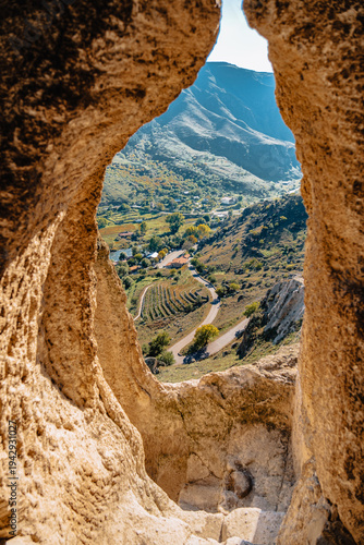 View on the Kura river valley from the cave dwelling of the rock-hewn monastery of Vardzia in the south of Georgia