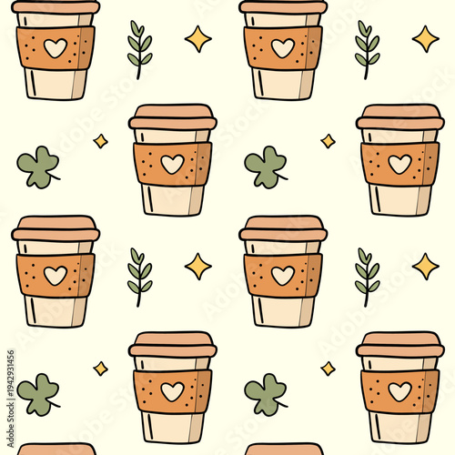 Cute Coffee Cup Seamless Pattern with Leaves 