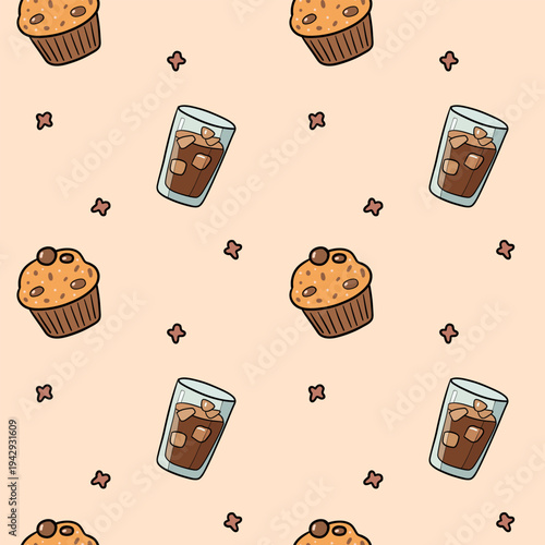 Cute Muffin and Iced Coffee Seamless Pattern – Cozy Cafe Background