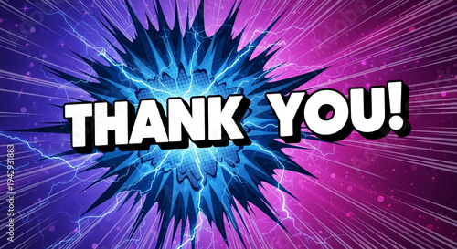 Energetic comic-style graphic with radial lines and electricity bolts. 