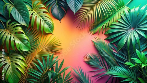 Lush Tropical Foliage Arranged in a Vibrant Gradient Background, Creating a Summery and Exotic Scene Perfect for Design Projects