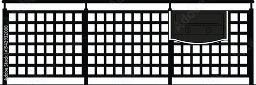 Black and white of a horizontal metal fence with a small grill attachment on the right side