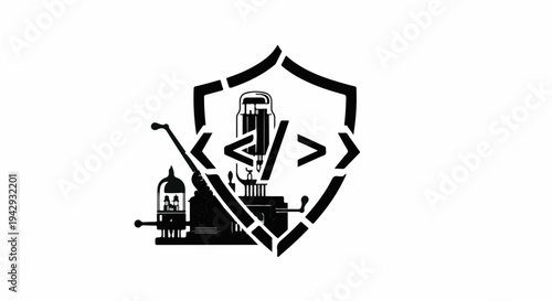 Creative shield icon with vintage electronic components and code symbols, representing digital security and innovation.