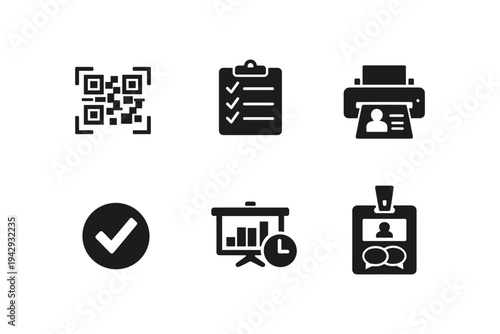 Collection of business and office icons including QR code, checklist, printer, checkmark, presentation, and ID badge