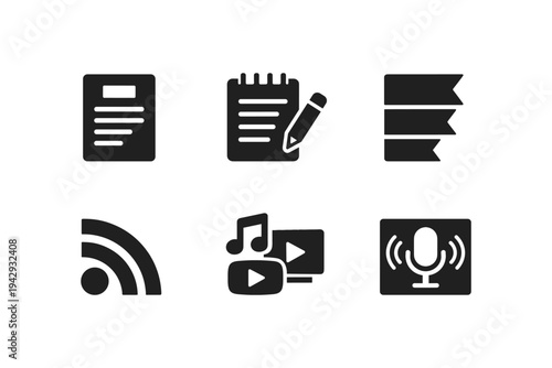 Collection of six modern flat icons representing content creation and media, including text, writing, and audio
