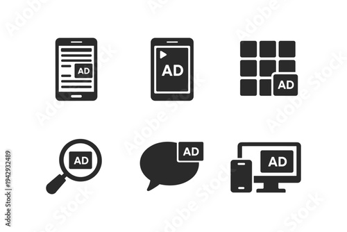 Digital advertising icons showing ads on various devices and platforms