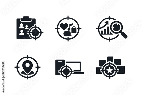 Collection of targeting icons representing different business and marketing strategies