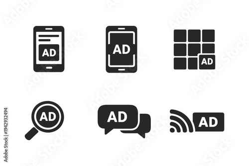 Collection of advertising icons representing different digital marketing strategies and platforms