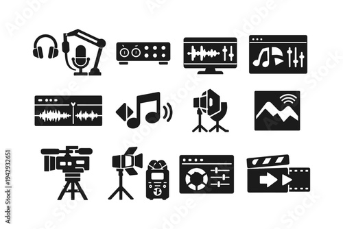 Collection of icons representing audio and video production equipment and software