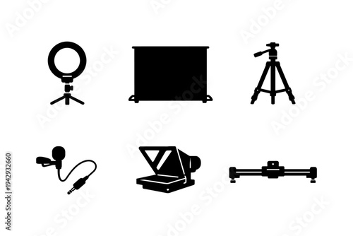 Collection of professional video and photography equipment icons on a white background