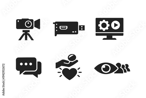Collection of modern flat icons representing video production, communication, and audience engagement