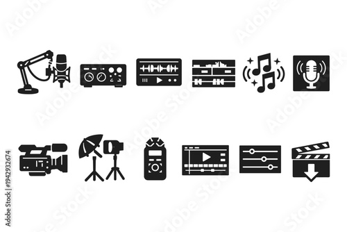 Collection of icons representing audio and video production equipment and software