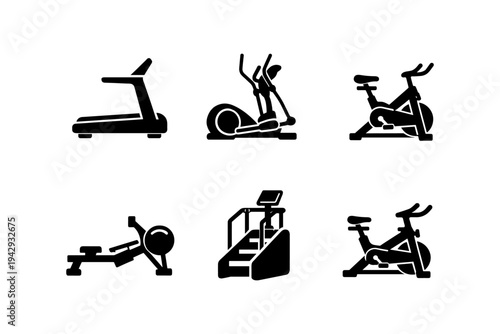 Collection of six different cardio exercise machine icons on a white background