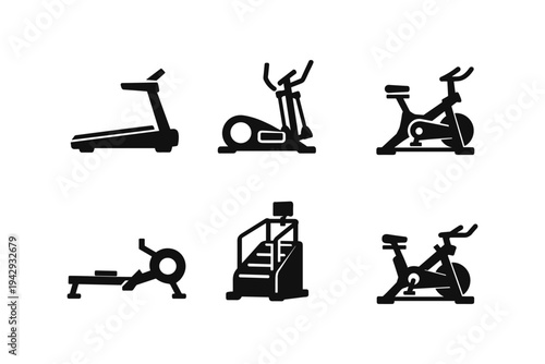 Collection of black fitness equipment icons on a white background for a gym or workout theme