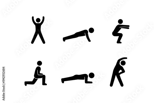 Collection of six black fitness icons representing different exercises on a white background