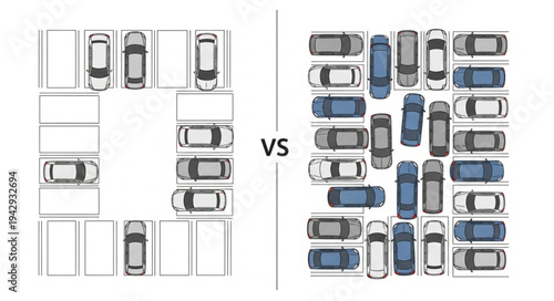 Comparison of parking lot efficiency with organized versus disorganized parking.