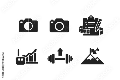 Set of icons representing fitness goals, progress, and photography concepts