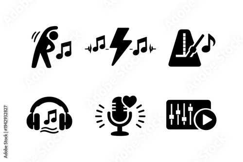 Collection of music and audio icons representing rhythm, sound, and creativity