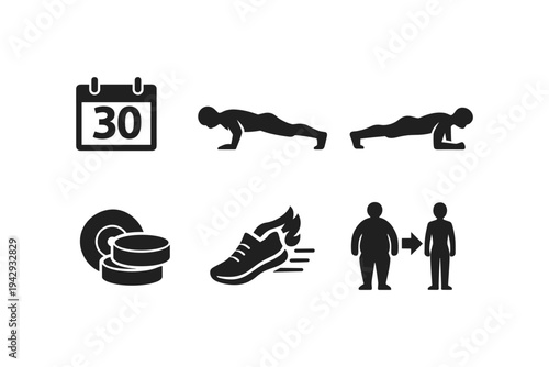 Fitness and weight loss icons: calendar, exercises, weights, running shoe, and body transformation