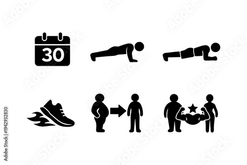 Fitness and weight loss icons showing progress, exercise, and a 30-day challenge