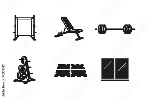 Collection of black icons representing gym equipment and a window on a white background