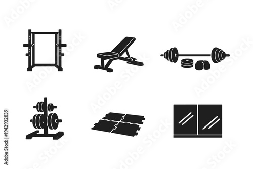 Collection of gym equipment icons including a squat rack, weight bench, barbell, and weight plates