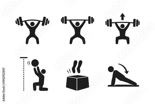 Set of six black icons representing different sports and fitness activities on a white background