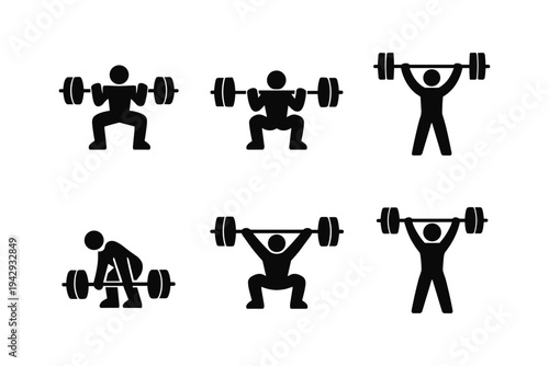 Set of six black icons depicting weightlifting and strength training exercises