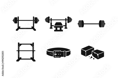 Collection of black fitness equipment icons on a white background