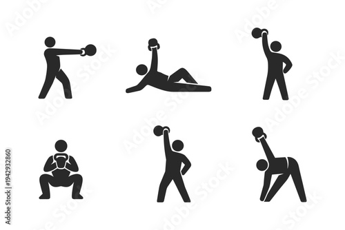 Set of six simple icons depicting people performing various kettlebell exercises and workouts