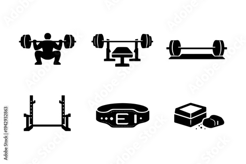 Collection of black icons representing weightlifting and gym equipment on a white background